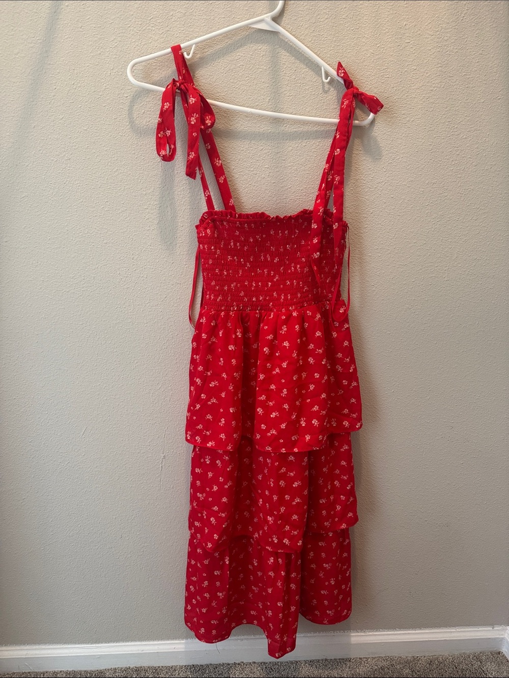 Francesca's Collections Red Floral Tiered Tie-Shoulder Midi Dress